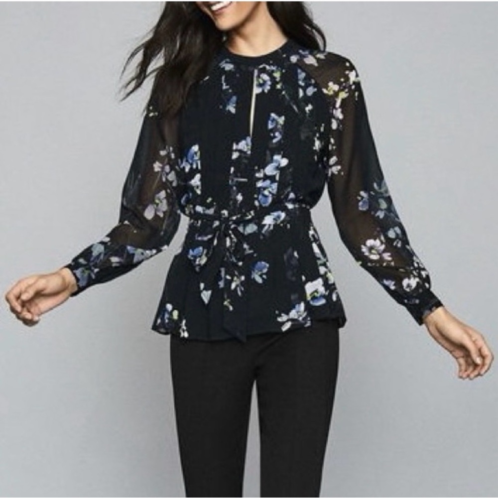 Reiss Black Floral Sheer Long-Sleeve Blouse